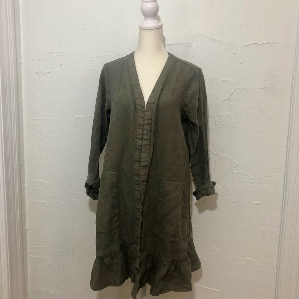 J Jill Pure Jill Longline 100% Linen Green Open Front Lagenlook Cardigan Pockets